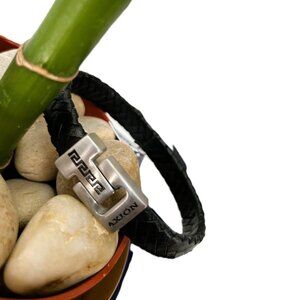 AXION Silvertoned Stainless Steel & Black Leather Greek Key Men's Bracelet